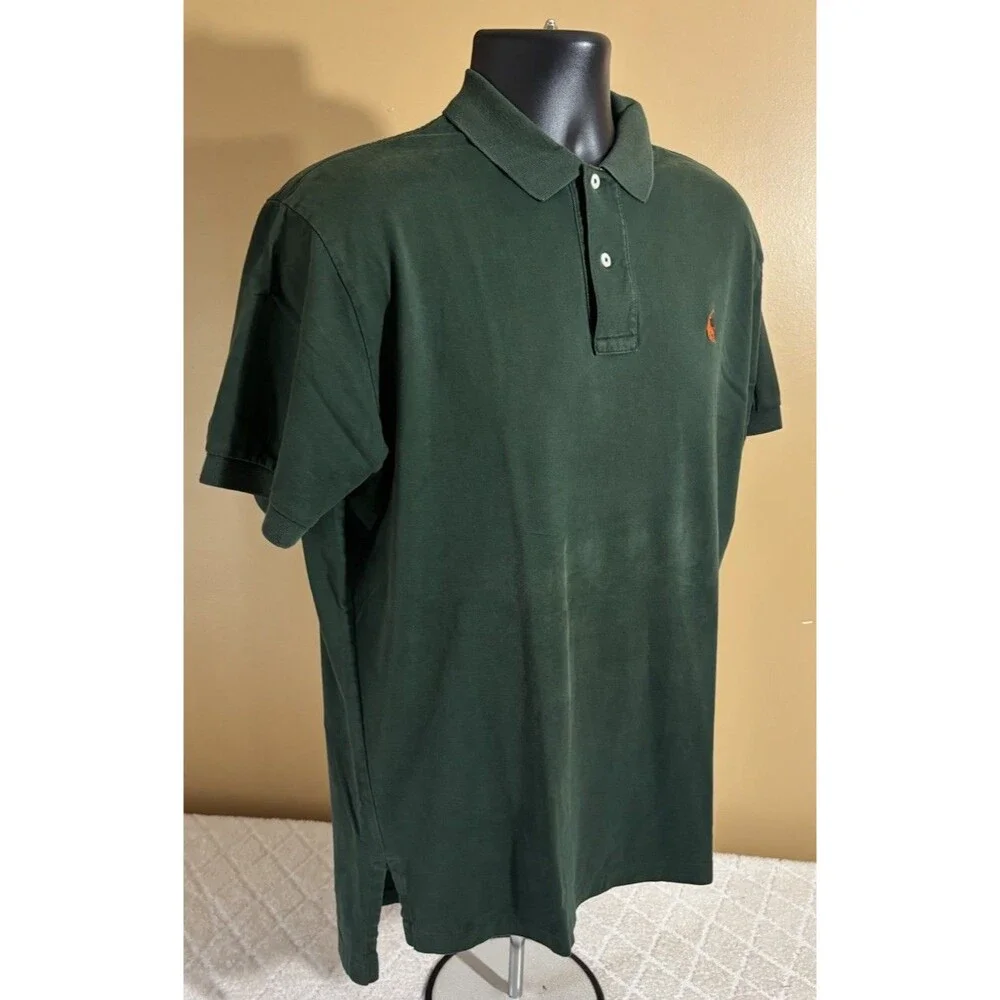 Ralph Lauren Green Orange Logo Polo Shirt 100% Cotton Mens Size M